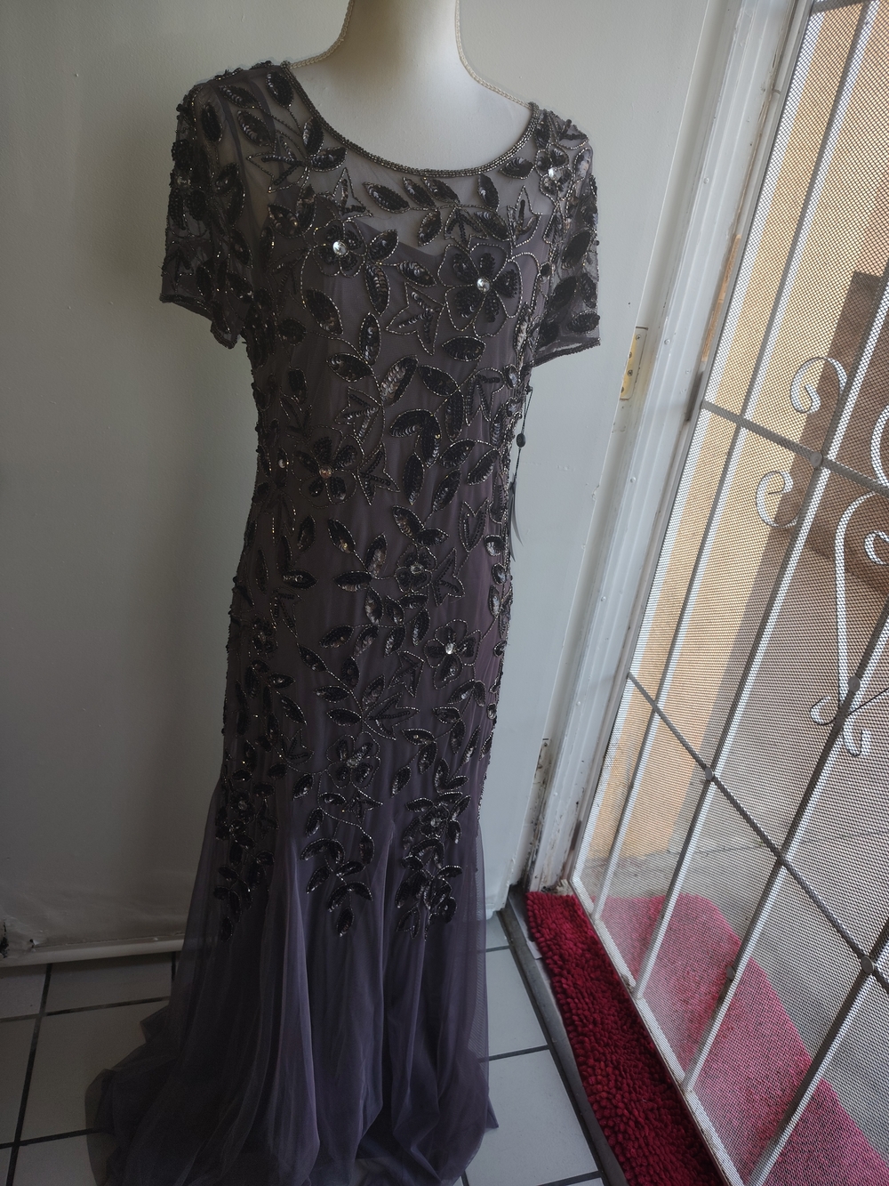 Adrianna Papell Purple Beaded Floral Mesh Evening Gown Size 12